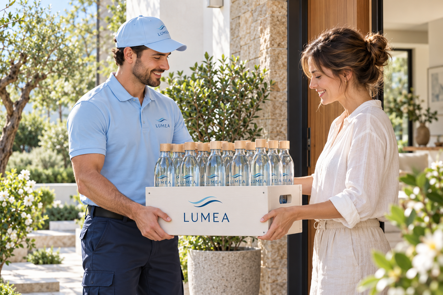 Una entrega de botellas LUMEA a domicilio, recibida en la puerta de una casa